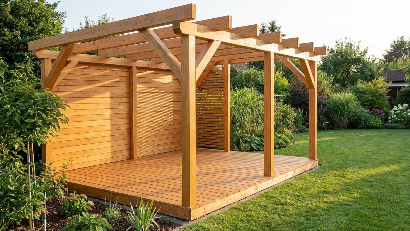 Mit My Paint Holzschutzlasur Außen geschützte helle Holzpergola mit Terrassenboden im gepflegten Garten.