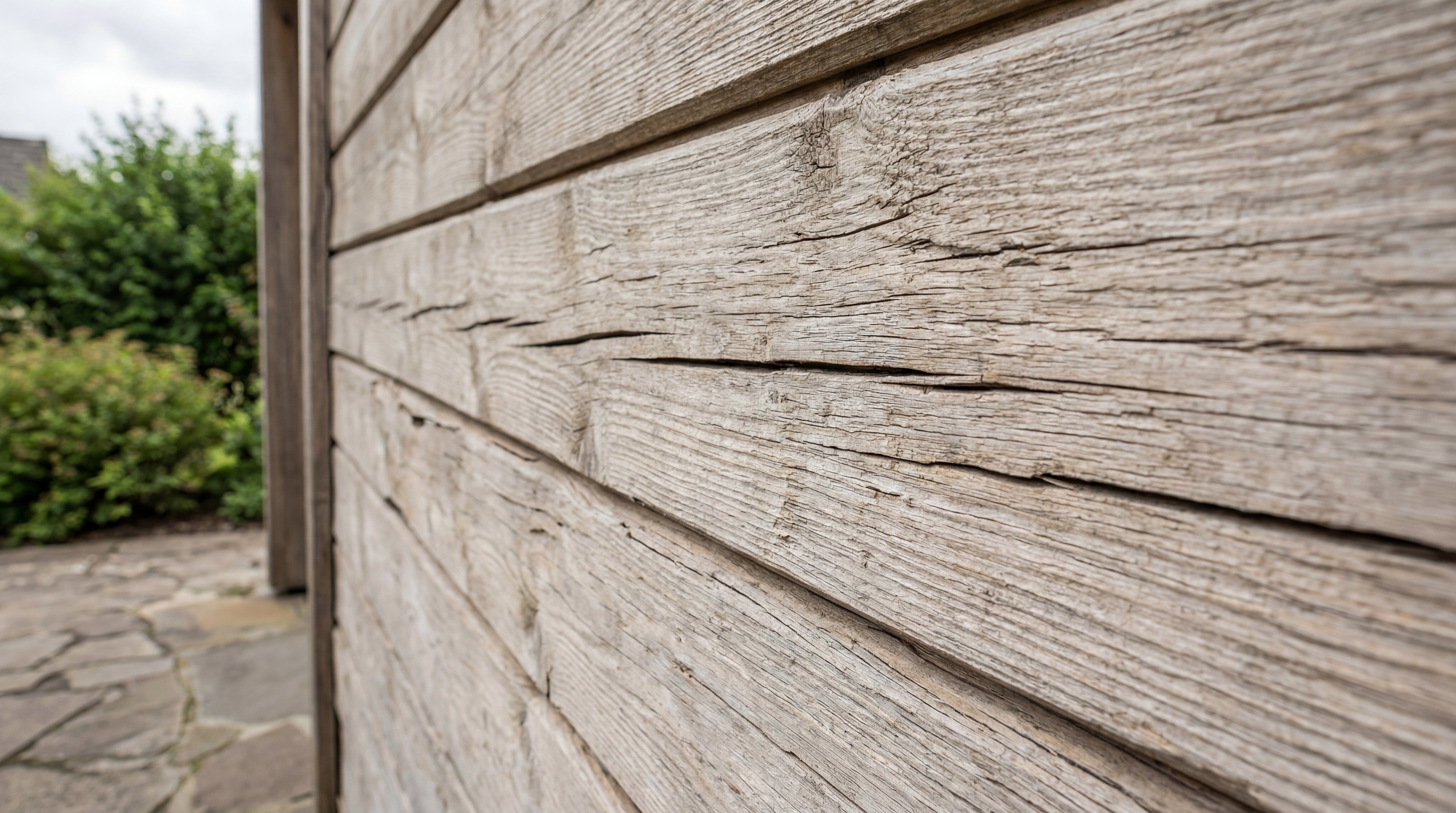 Verwitterte, unbehandelte Holzfassade im Außenbereich mit ausgeblichener Oberfläche vor dem Anstrich.