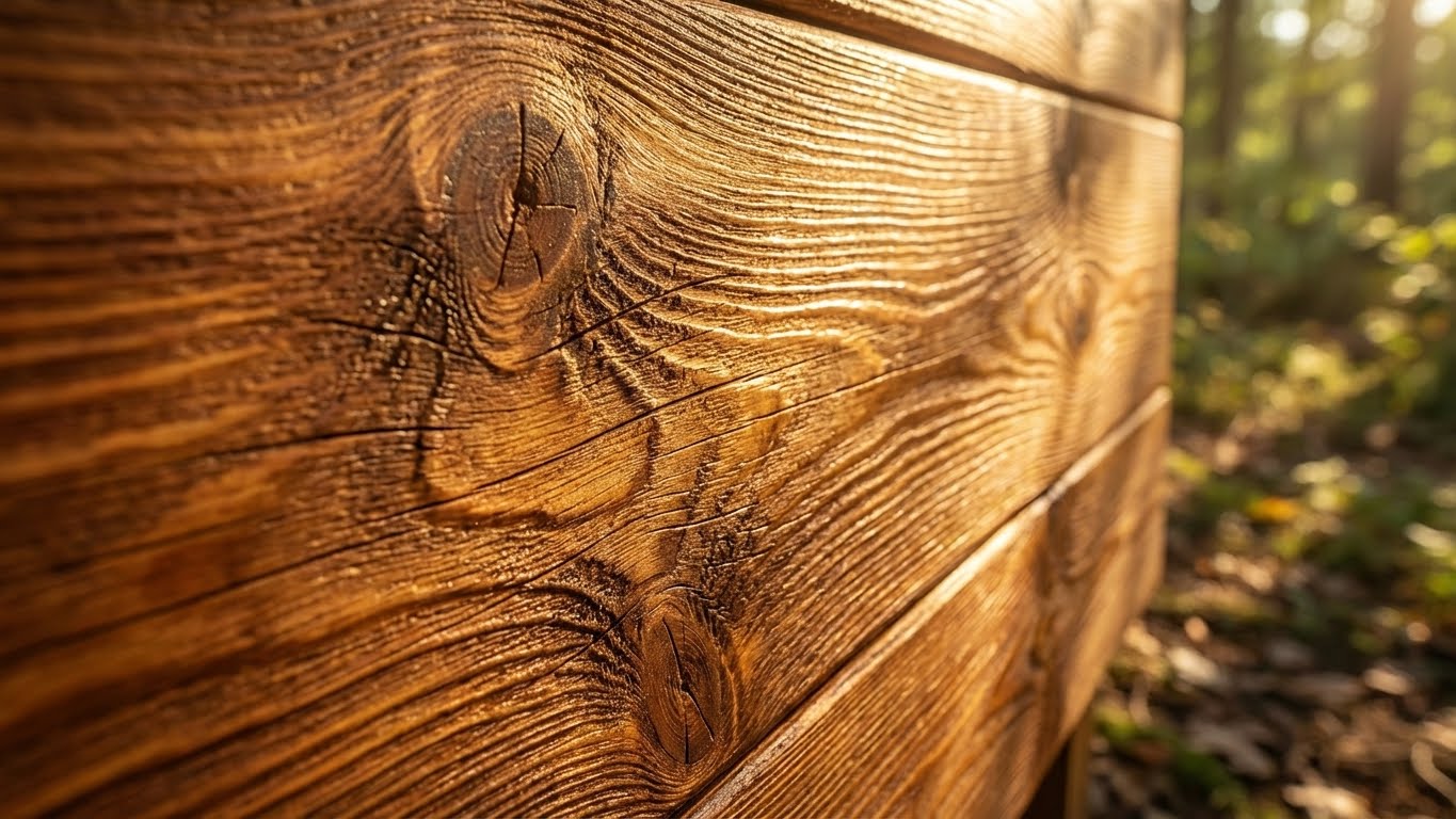 Detailaufnahme einer mit My Paint Holzschutzlasur Außen behandelten Holzoberfläche mit sichtbarer Maserung und warmer Farbwirkung.