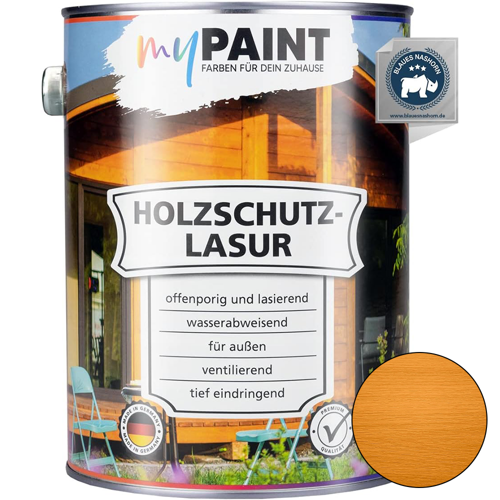 Dose My Paint Holzschutzlasur Außen Kiefer in 2,5L mit abgebildetem Holzfarbton und Anwendungsangaben für den Außenbereich.