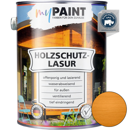 Dose My Paint Holzschutzlasur Außen Kiefer in 2,5L mit abgebildetem Holzfarbton und Anwendungsangaben für den Außenbereich.