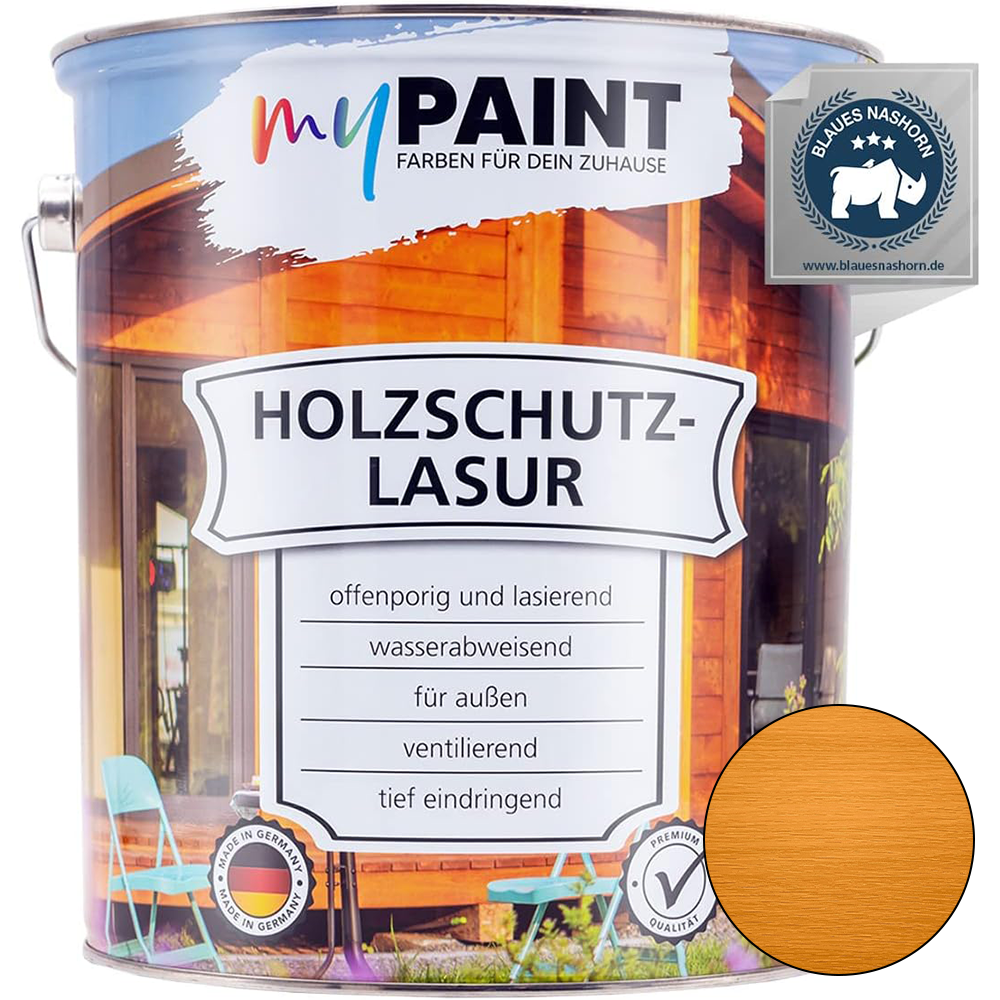 Großgebinde My Paint Holzschutzlasur Außen Kiefer in 5L mit Produktinformationen zu Wetterschutz und UV-Schutz.