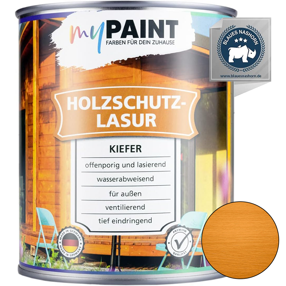 Dose My Paint Holzschutzlasur Außen Kiefer in 750ml mit Darstellung der Holzfarbe und Produktdetails auf dem Etikett.