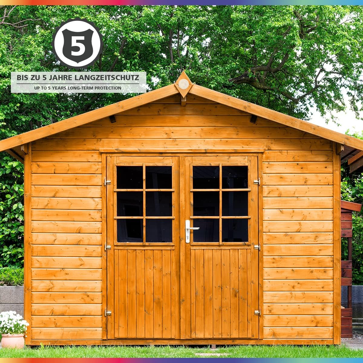 Mit My Paint Holzschutzlasur Außen behandeltes Gartenhaus mit Hinweis auf bis zu 5 Jahre Langzeitschutz im Außenbereich.