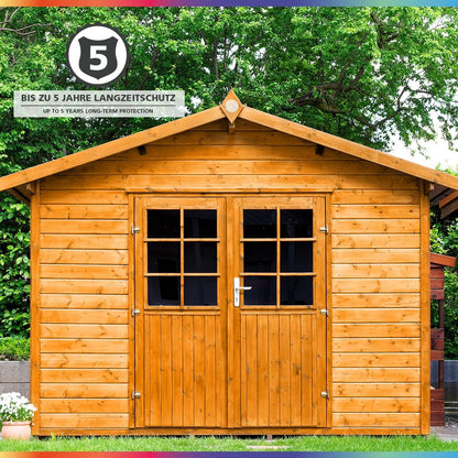 Mit My Paint Holzschutzlasur Außen behandeltes Gartenhaus mit Hinweis auf bis zu 5 Jahre Langzeitschutz im Außenbereich.