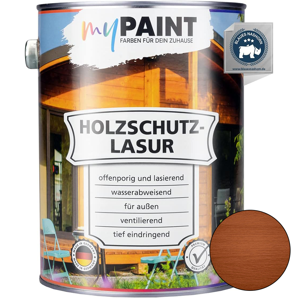My Paint Holzschutzlasur Außen Mahagoni in 2,5L mit abgebildetem Farbmuster und Informationen zur Anwendung im Außenbereich.
