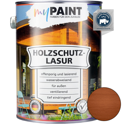 My Paint Holzschutzlasur Außen Mahagoni in 2,5L mit abgebildetem Farbmuster und Informationen zur Anwendung im Außenbereich.