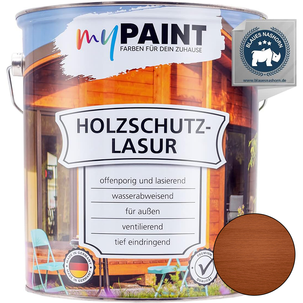 Große 5L Dose My Paint Holzschutzlasur Außen Mahagoni mit Produktlabel und Eigenschaften für langanhaltenden Holzschutz im Außenbereich.