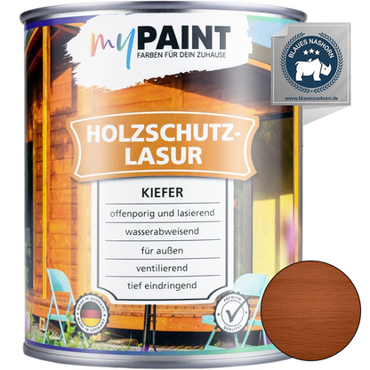 Dose My Paint Holzschutzlasur Außen Mahagoni in 750ml mit dunklem Holzfarbton und Produktkennzeichnung.