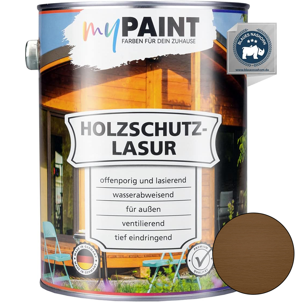 My Paint Holzschutzlasur Außen Nussbaum in 2,5L Gebinde mit Farbmuster und Hinweisen zu offenporiger und wasserabweisender Wirkung.