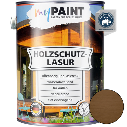 My Paint Holzschutzlasur Außen Nussbaum in 2,5L Gebinde mit Farbmuster und Hinweisen zu offenporiger und wasserabweisender Wirkung.