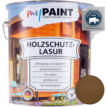 5L Dose My Paint Holzschutzlasur Außen Nussbaum mit Produktetikett und Eigenschaften für langanhaltenden Holzschutz außen.