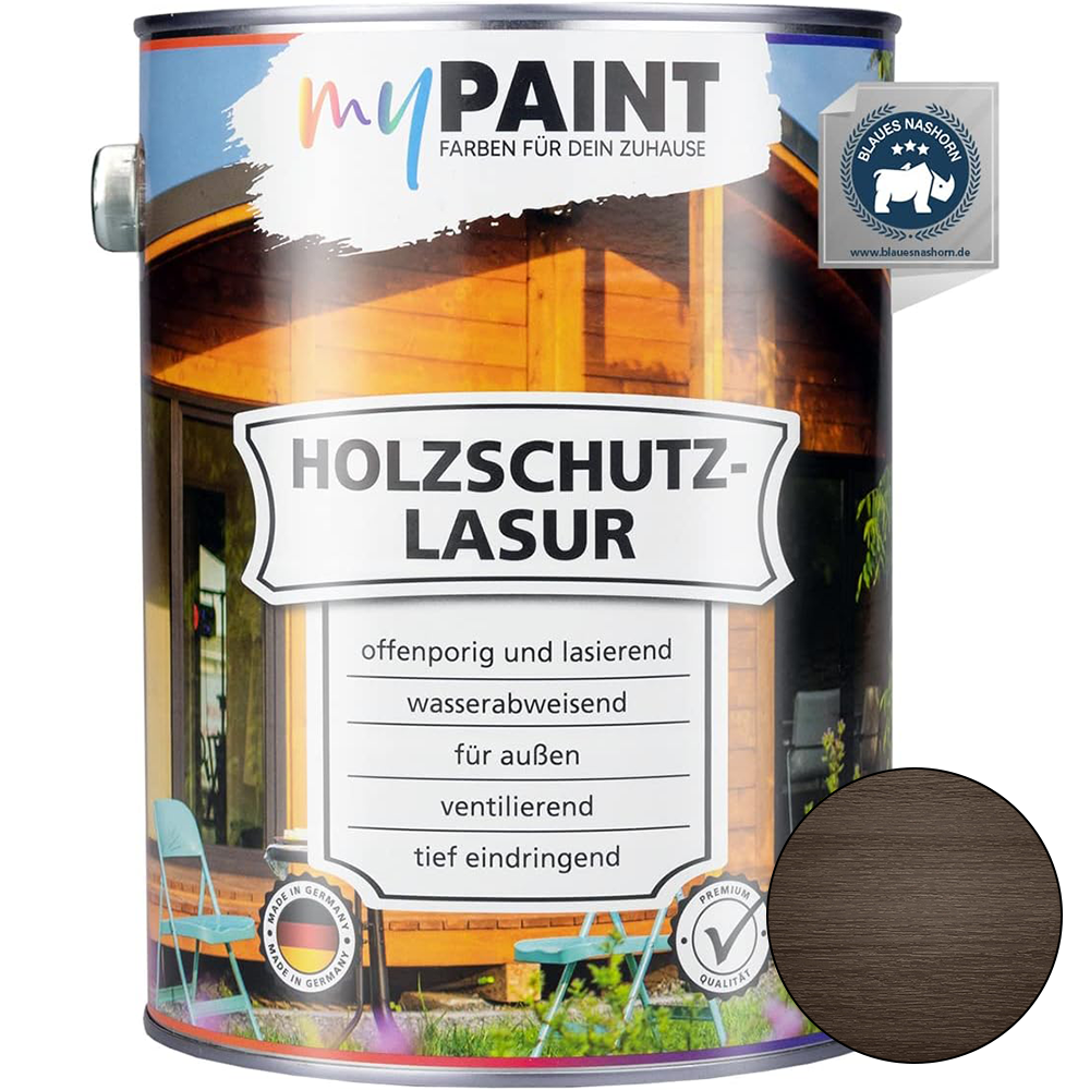 My Paint Holzschutzlasur Außen Palisander in 2,5L mit Farbmuster und Hinweisen zu Wetterschutz und UV-Schutz.