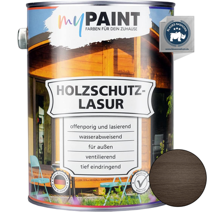 My Paint Holzschutzlasur Außen Palisander in 2,5L mit Farbmuster und Hinweisen zu Wetterschutz und UV-Schutz.