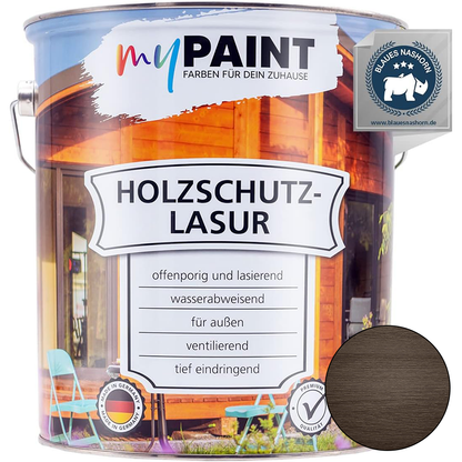 Großgebinde My Paint Holzschutzlasur Außen Palisander in 5L mit Produktdetails zur Anwendung im Außenbereich.