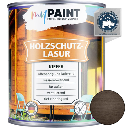 Dose My Paint Holzschutzlasur Außen Palisander in 750ml mit rötlich dunklem Holzfarbton und Anwendungsangaben.