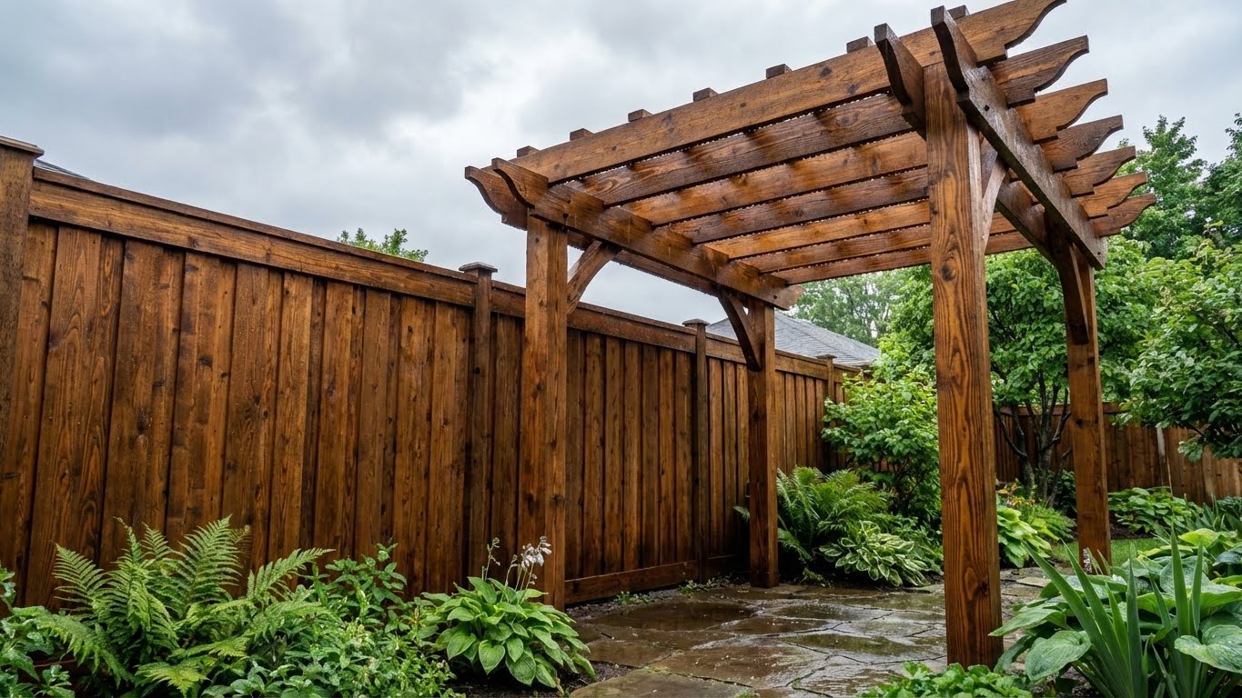 Mit My Paint Holzschutzlasur Außen in Palisander behandelter Holzzaun und Pergola im Garten bei feuchtem Wetter.