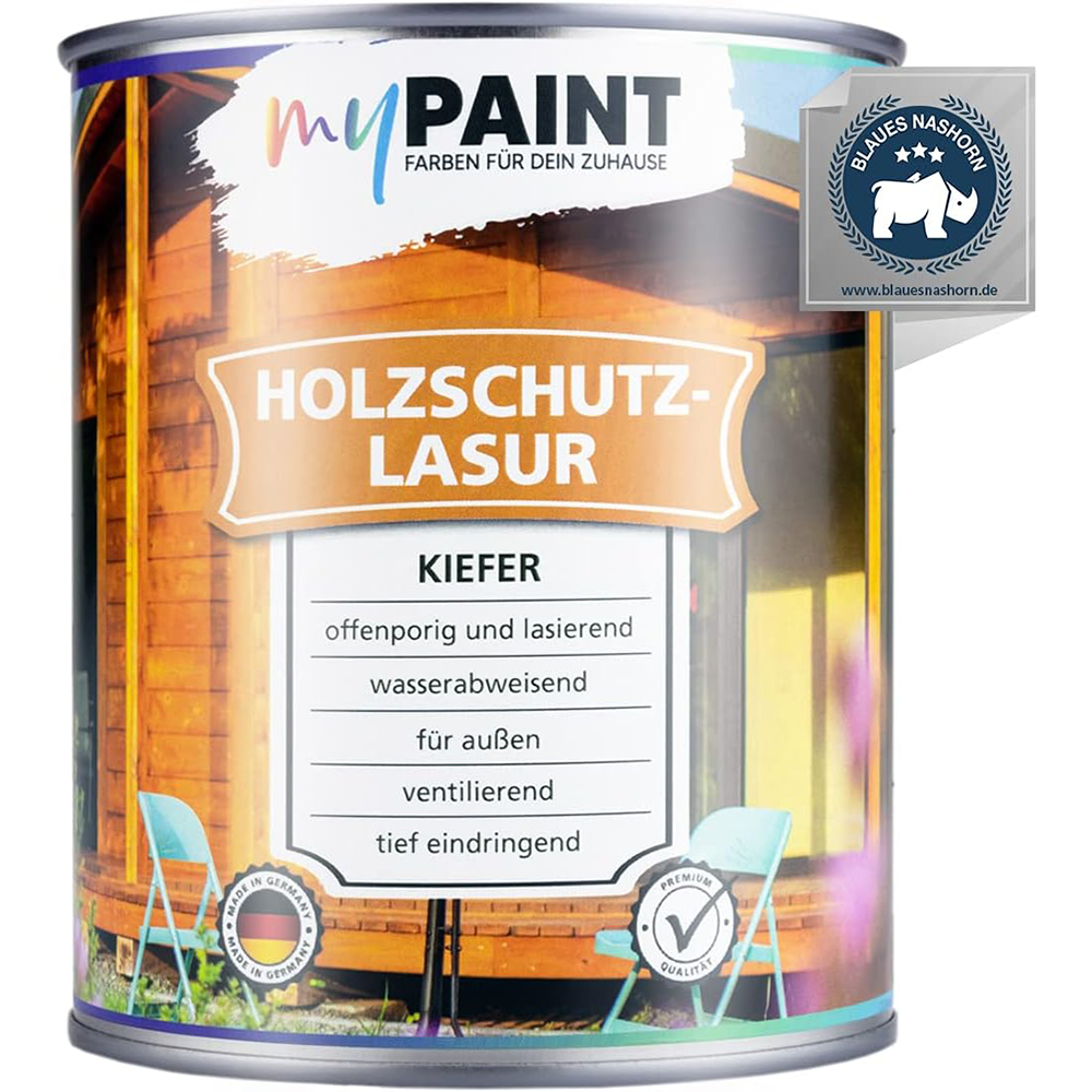 Frontansicht der My Paint Holzschutzlasur Außen Dose mit Produktetikett und Hinweisen zu offenporiger, wasserabweisender und tief eindringender Wirkung.