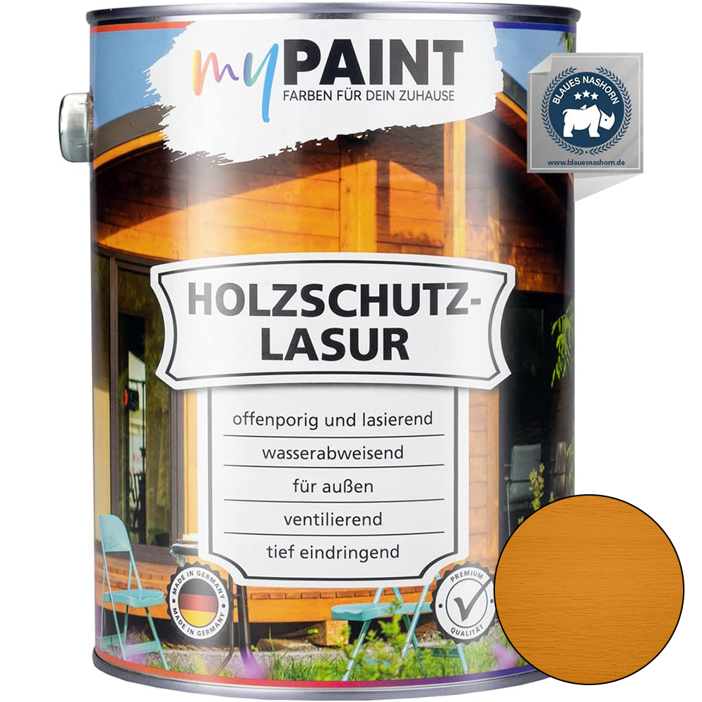 My Paint Holzschutzlasur Außen Teak in 2,5L Gebinde mit Farbmuster und Produktinformationen für den Außenbereich.