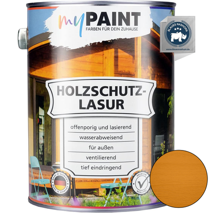 My Paint Holzschutzlasur Außen Teak in 2,5L Gebinde mit Farbmuster und Produktinformationen für den Außenbereich.