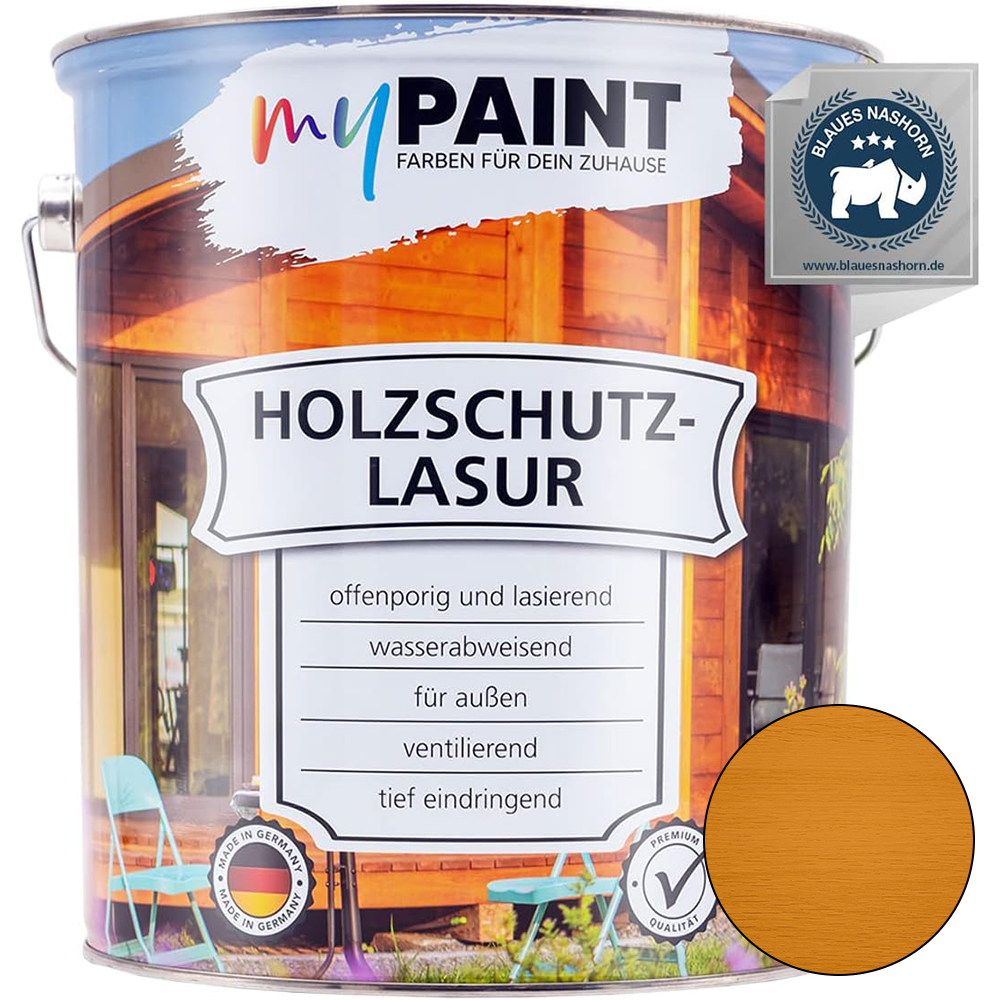 5L Dose My Paint Holzschutzlasur Außen Teak mit Etikettangaben zu offenporiger, ventilierender und wetterfester Lasur.