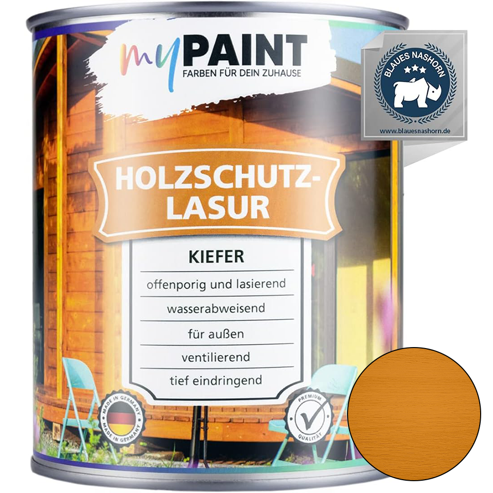 Dose My Paint Holzschutzlasur Außen Teak in 750ml mit warmem Holzfarbton und Eigenschaften wie wasserabweisend und tief eindringend.