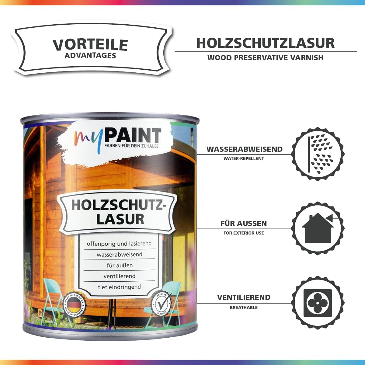 Produktübersicht der My Paint Holzschutzlasur Außen mit hervorgehobenen Vorteilen wie wasserabweisend, für außen geeignet und ventilierend.