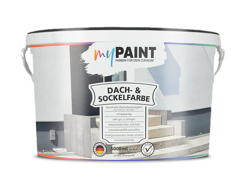 5-Liter-Eimer My Paint Sockel- und Dachfarbe mit Produktetikett vor hellem Hintergrund