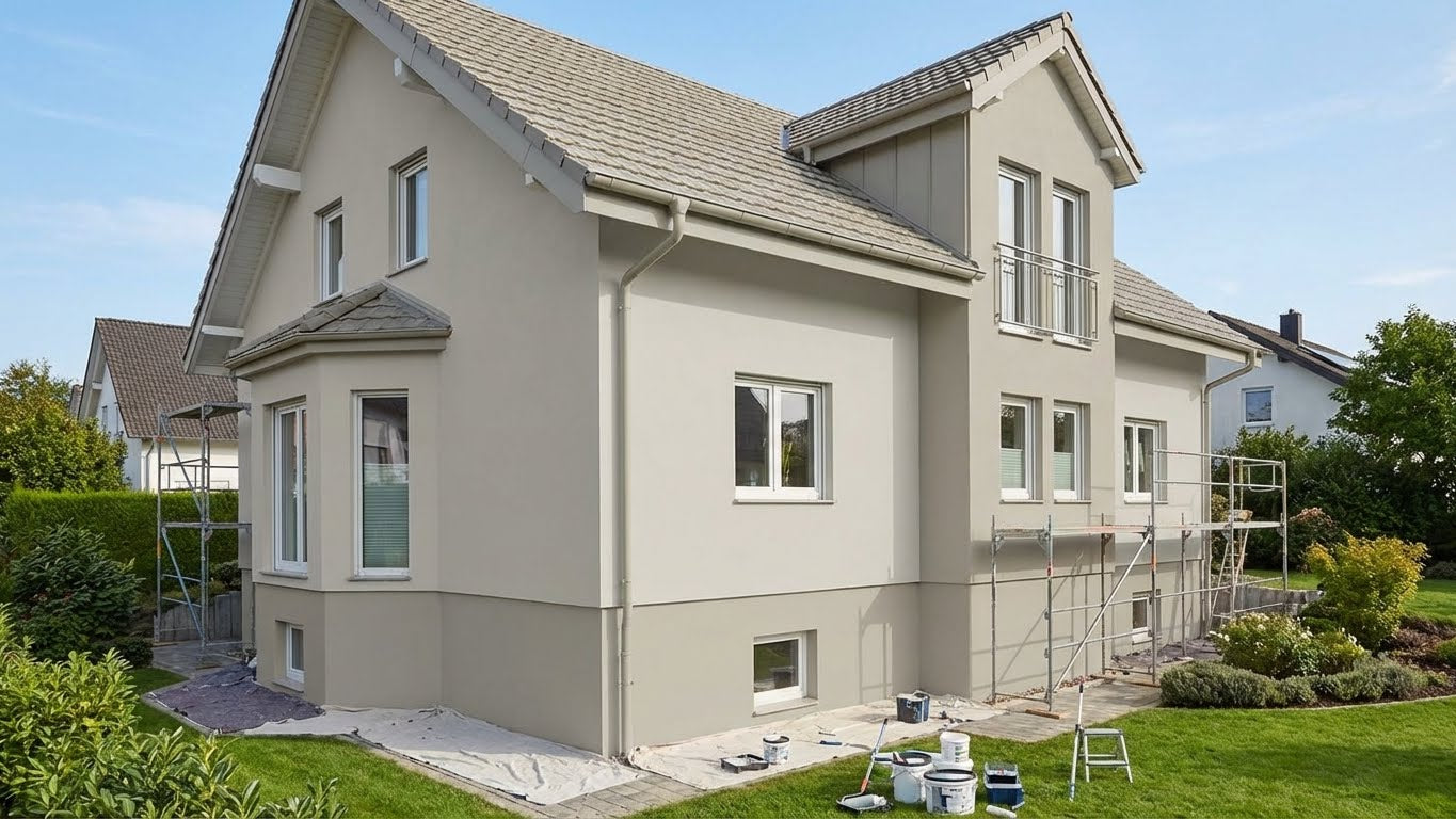 Fassadenanstrich eines Hauses mit Geruest und Farbeimern bei der Anwendung von My Paint Sockel- und Dachfarbe