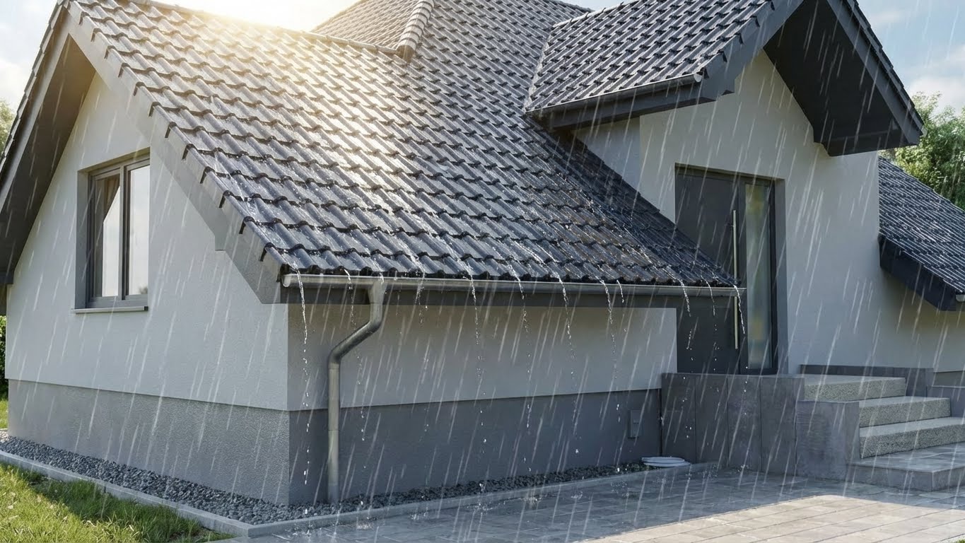 Hausfassade und Dach bei Regen als Beispiel fuer die wetterbestaendigen Eigenschaften der My Paint Sockel- und Dachfarbe