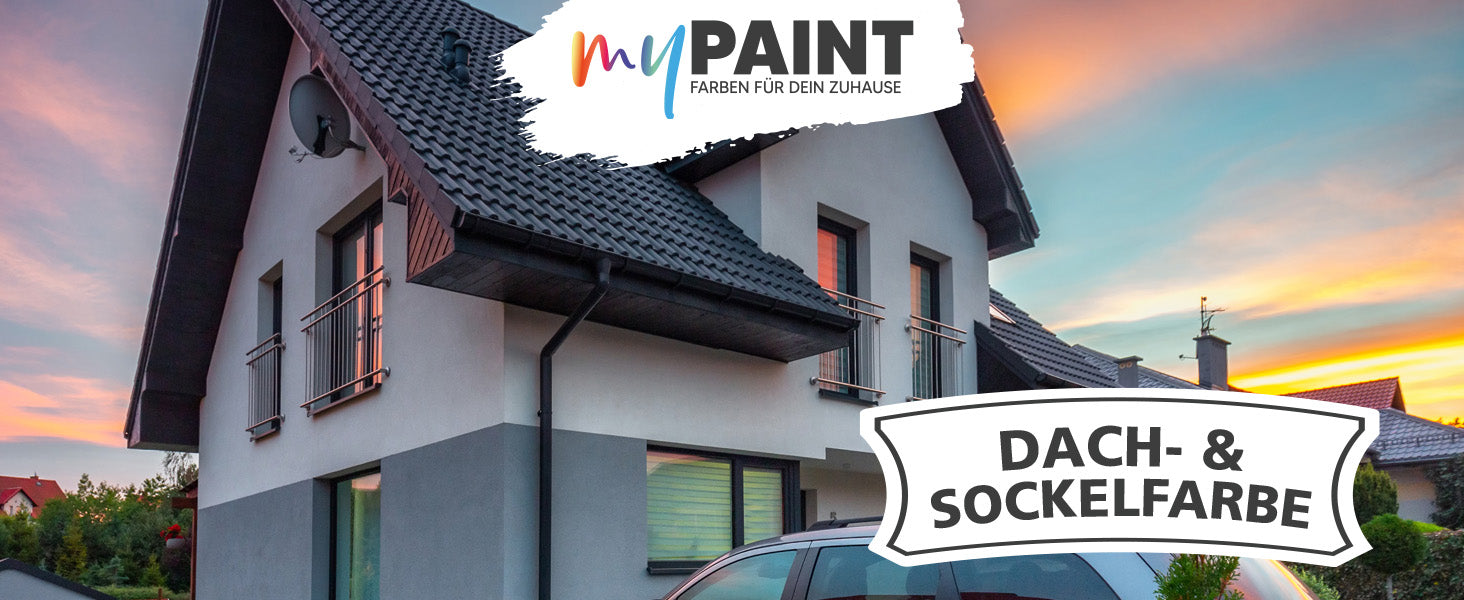 Einfamilienhaus mit gestrichenem Sockelbereich und Dach dargestellt als Anwendungsbeispiel der My Paint Sockel- und Dachfarbe
