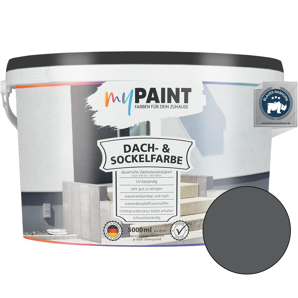 My Paint Sockel- und Dachfarbe in Schiefergrau als 5-Liter-Eimer mit Farbmuster für Dach und Aussenwaende