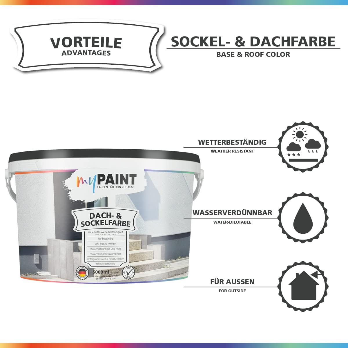 Infografik zu My Paint Sockel- und Dachfarbe mit Eigenschaften wie wetterbestaendig, wasserverduennbar und fuer aussen geeignet