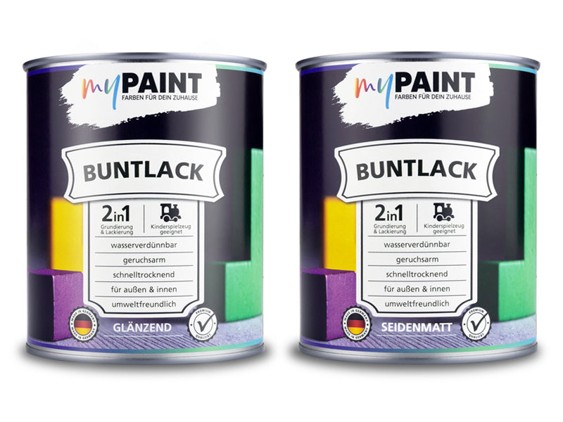 Produktabbildung myPaint 2in1 Buntlack in glänzend und seidenmatt mit Übersicht zu Eigenschaften wie wasserverdünnbar, geruchsarm und kinderspielzeuggeeignet.