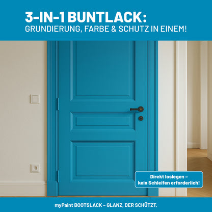 Blau gestrichene Innentür mit Hinweis auf 3-in-1 Buntlack von My Paint für Grundierung, Farbe und Schutz in einem Schritt.
