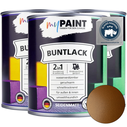 Drei Dosen My Paint 2in1 Buntlack Seidenmatt in Kupfer als Set mit Umweltzertifikat und Farbvorschau.