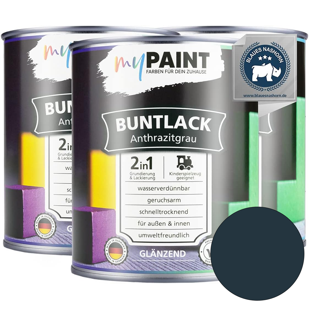 Drei Dosen My Paint 2in1 Buntlack in Anthrazitgrau mit glänzendem Finish als Set und Farbvorschau.