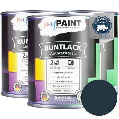 Drei Dosen My Paint 2in1 Buntlack in Anthrazitgrau mit glänzendem Finish als Set und Farbvorschau.