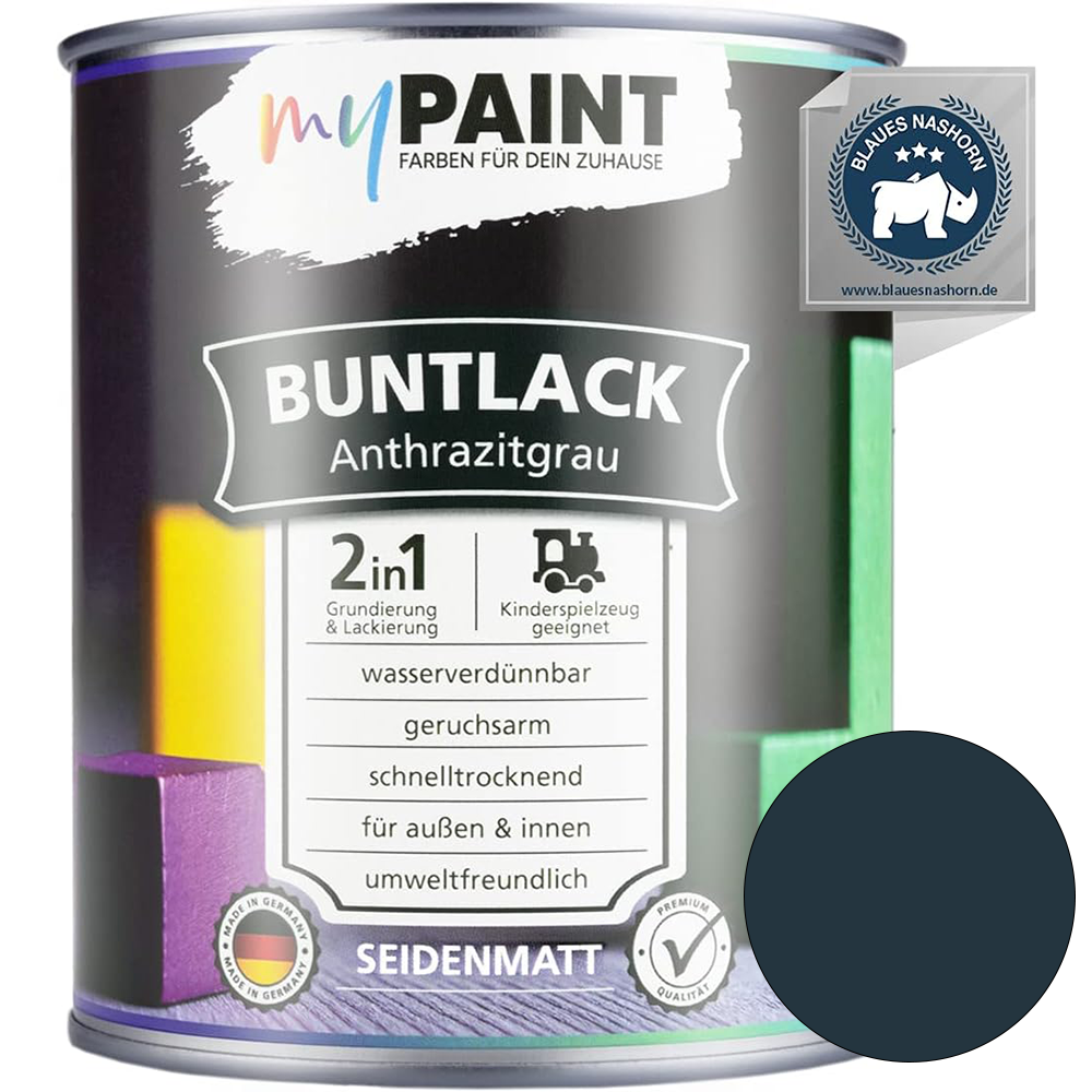 Einzelne Dose My Paint 2in1 Buntlack in Anthrazitgrau mit seidenmatter Oberfläche und dunkelgrauem Farbmusterkreis.