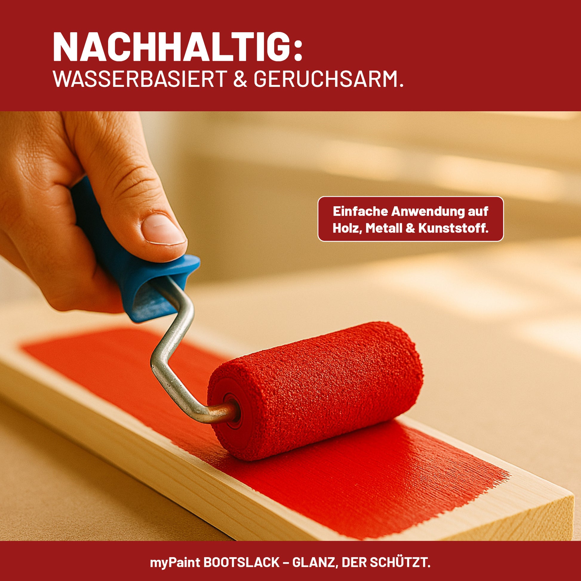 Anwendung von My Paint Buntlack mit Farbroller auf Holzbrett, wasserbasiert und geruchsarm für Holz, Metall und Kunststoff.