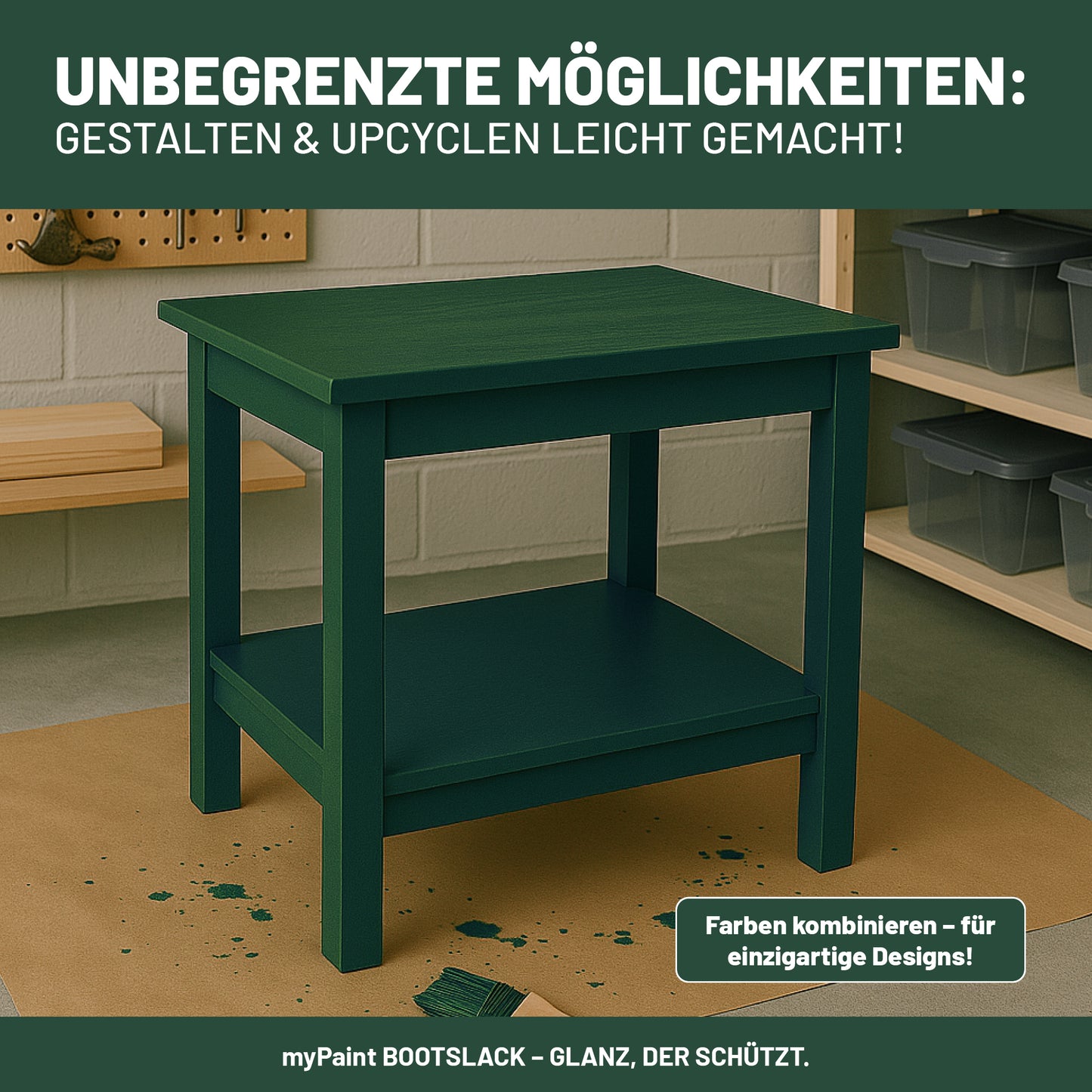 Grün lackierter Beistelltisch als Upcycling-Beispiel mit My Paint Buntlack für kreative Gestaltungsmöglichkeiten.