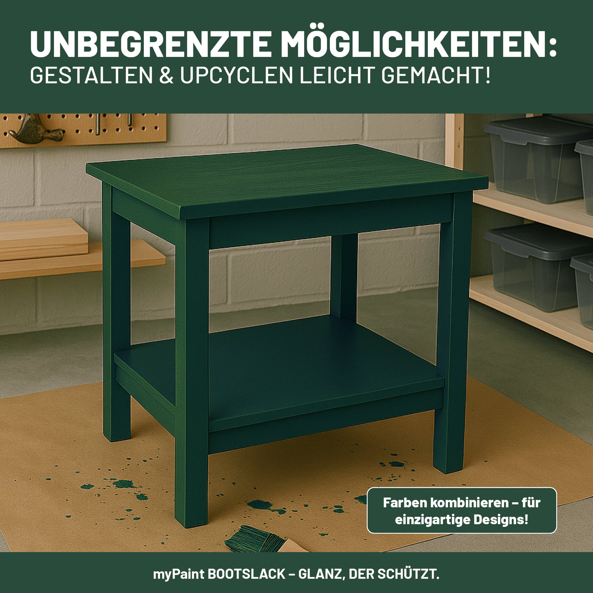 Grün lackierter Beistelltisch als Upcycling-Beispiel mit My Paint Buntlack für kreative Gestaltungsmöglichkeiten.