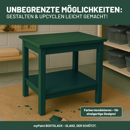 Grün lackierter Beistelltisch als Upcycling-Beispiel mit My Paint Buntlack für kreative Gestaltungsmöglichkeiten.