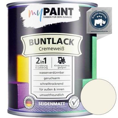 Einzelne Dose My Paint 2in1 Buntlack Seidenmatt in Cremeweiß mit hellem Farbmusterkreis und Blaues-Nashorn-Siegel.
