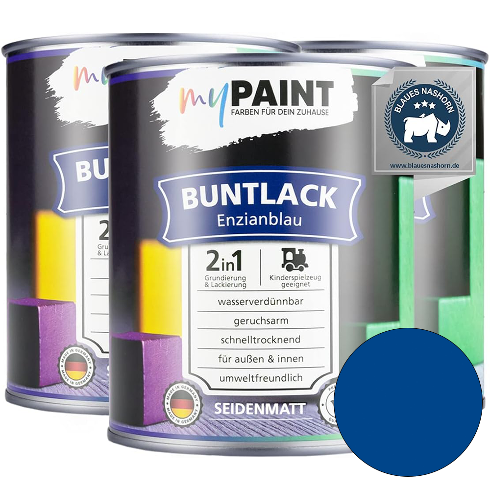 Drei Dosen My Paint 2in1 Buntlack Seidenmatt in der Farbe Enzianblau als Set mit Umweltzertifikat und Farbvorschau.
