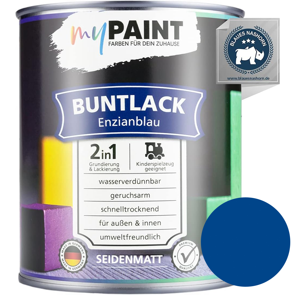 Einzelne Dose My Paint 2in1 Buntlack Seidenmatt in der Farbe Enzianblau mit Blauem Engel Zertifikat und Farbmusterkreis.