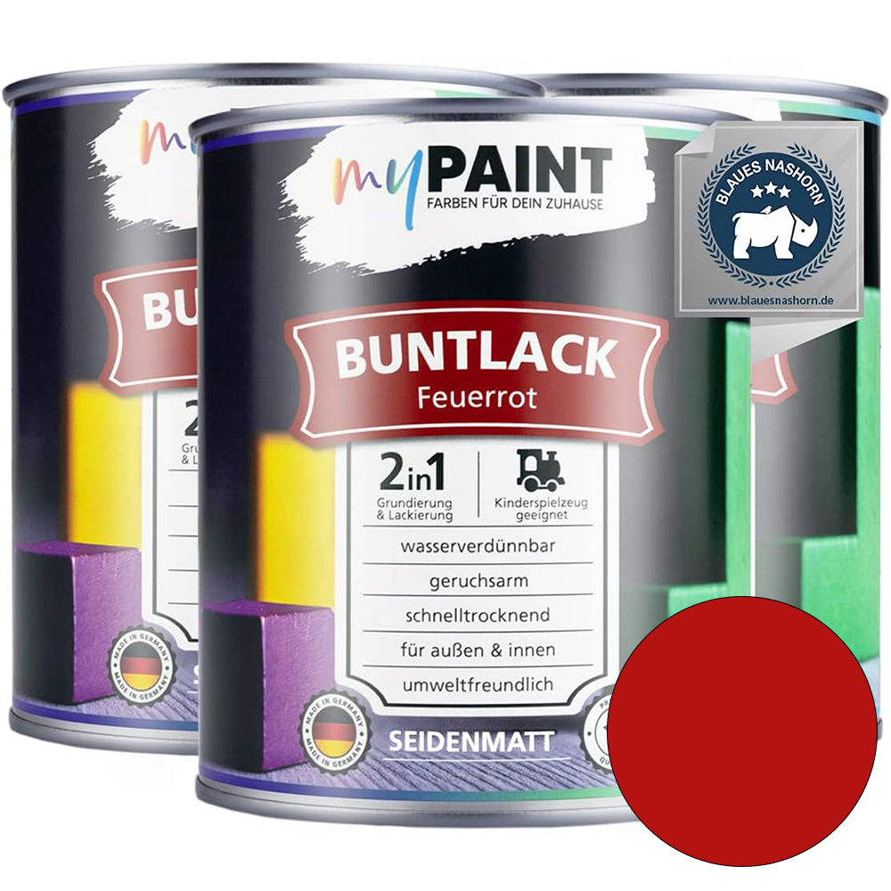 Drei Dosen My Paint 2in1 Buntlack Seidenmatt in der Farbe Feuerrot als Vorteilspack mit Umweltzertifikat und Farbvorschau.