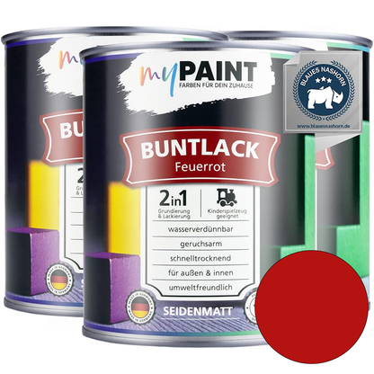 Drei Dosen My Paint 2in1 Buntlack Seidenmatt in der Farbe Feuerrot als Vorteilspack mit Umweltzertifikat und Farbvorschau.