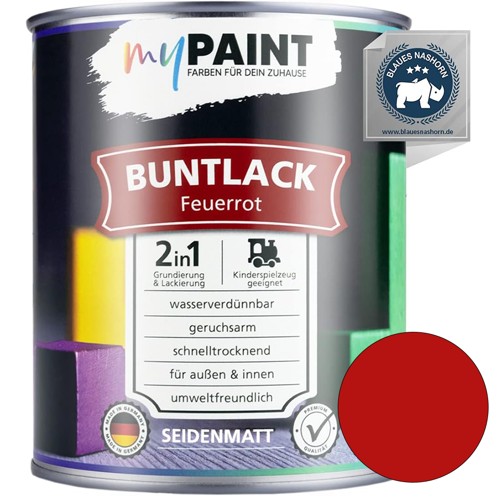 Einzelne Dose My Paint 2in1 Buntlack Seidenmatt in der Farbe Feuerrot mit Blauem Engel Siegel und rotem Farbmusterkreis.