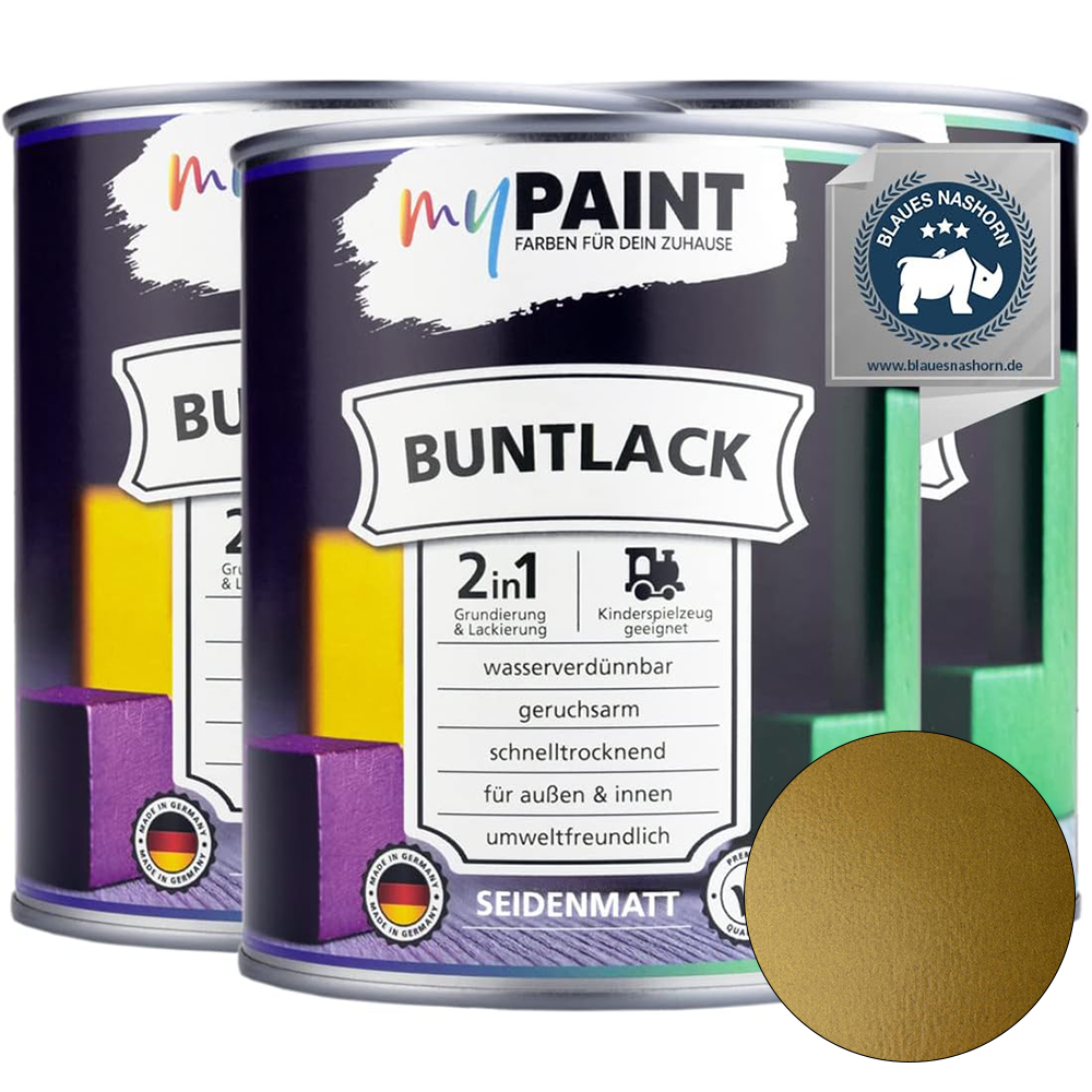Drei Dosen My Paint 2in1 Buntlack Seidenmatt in Gold als Mehrfachpack mit Umweltzertifikat und Farbvorschau.